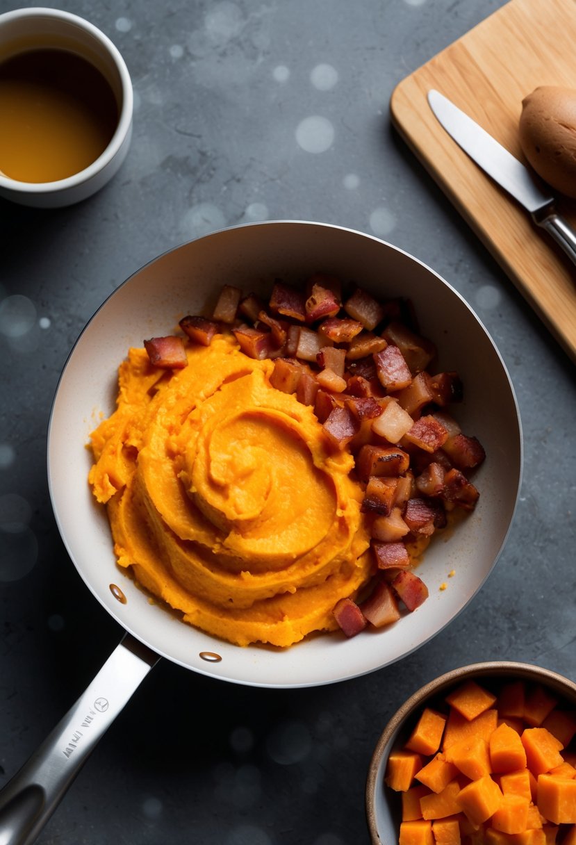 A sizzling skillet with diced bacon and mashed sweet potatoes blending together in a bowl