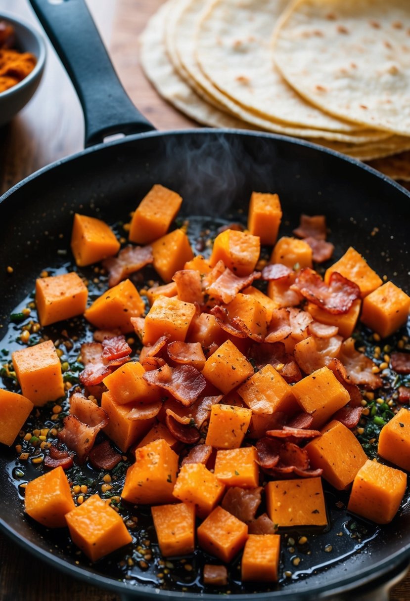 A sizzling skillet of diced sweet potato and bacon being cooked together with a variety of colorful spices, ready to be scooped into warm tortillas