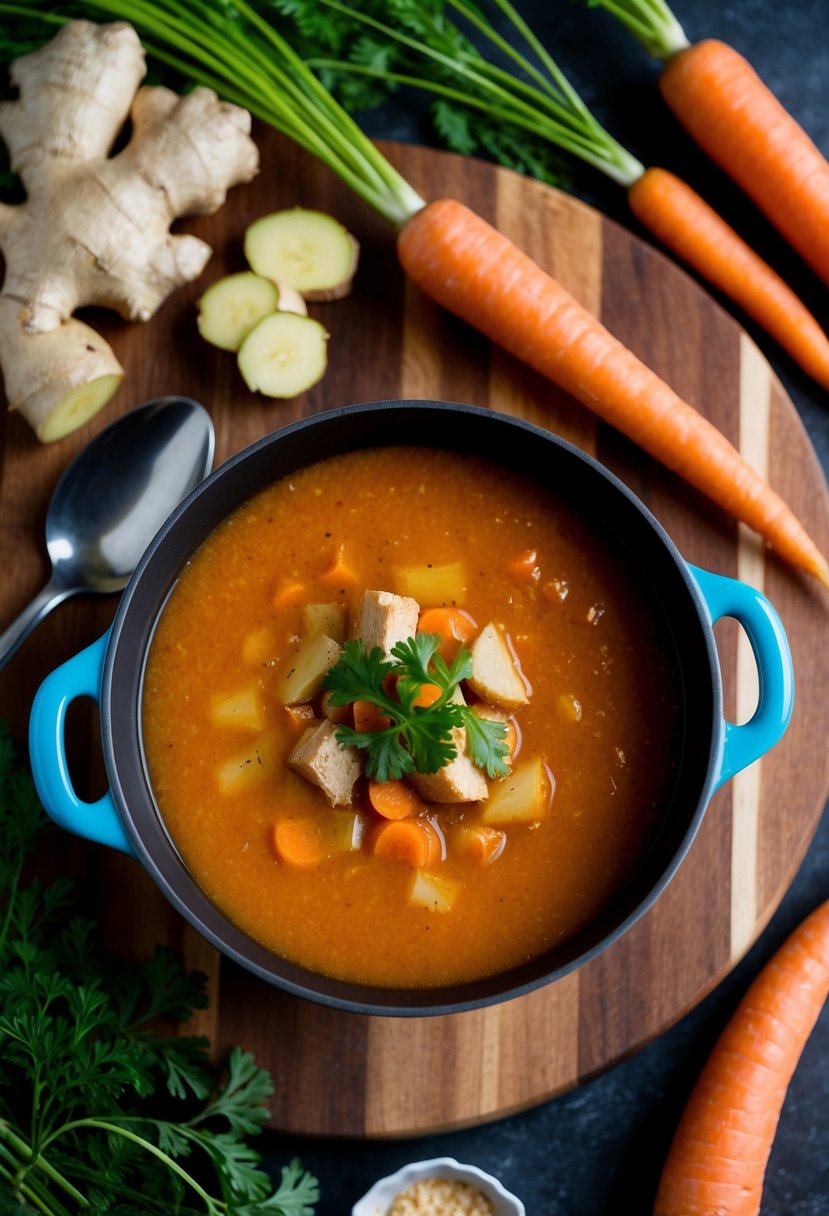 A pot of simmering carrot and ginger soup surrounded by fresh ginger root, carrots, and other ingredients on a wooden cutting board