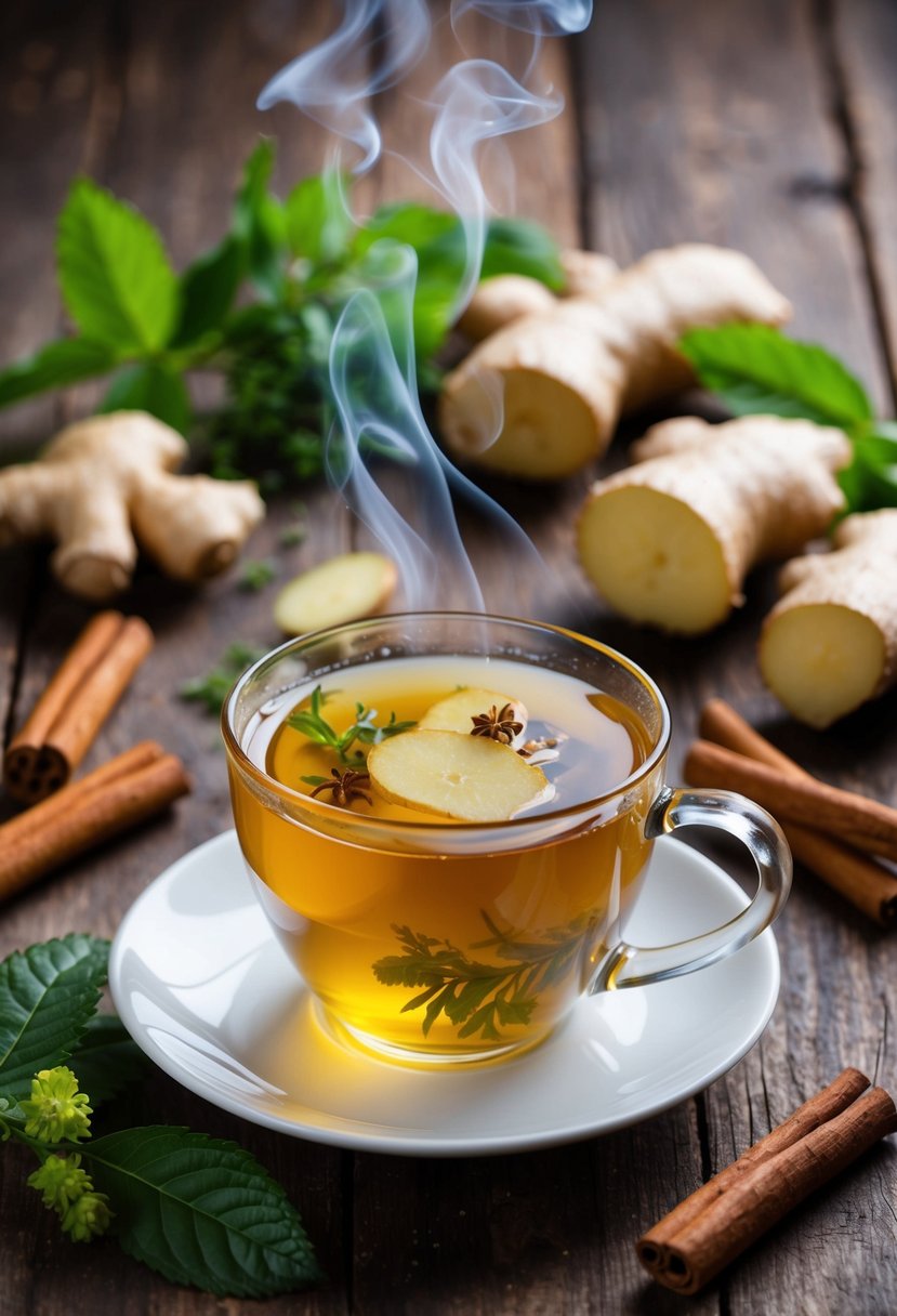 A steaming cup of ginger-infused herbal tea surrounded by fresh ginger root, cinnamon sticks, and other ingredients on a rustic wooden table