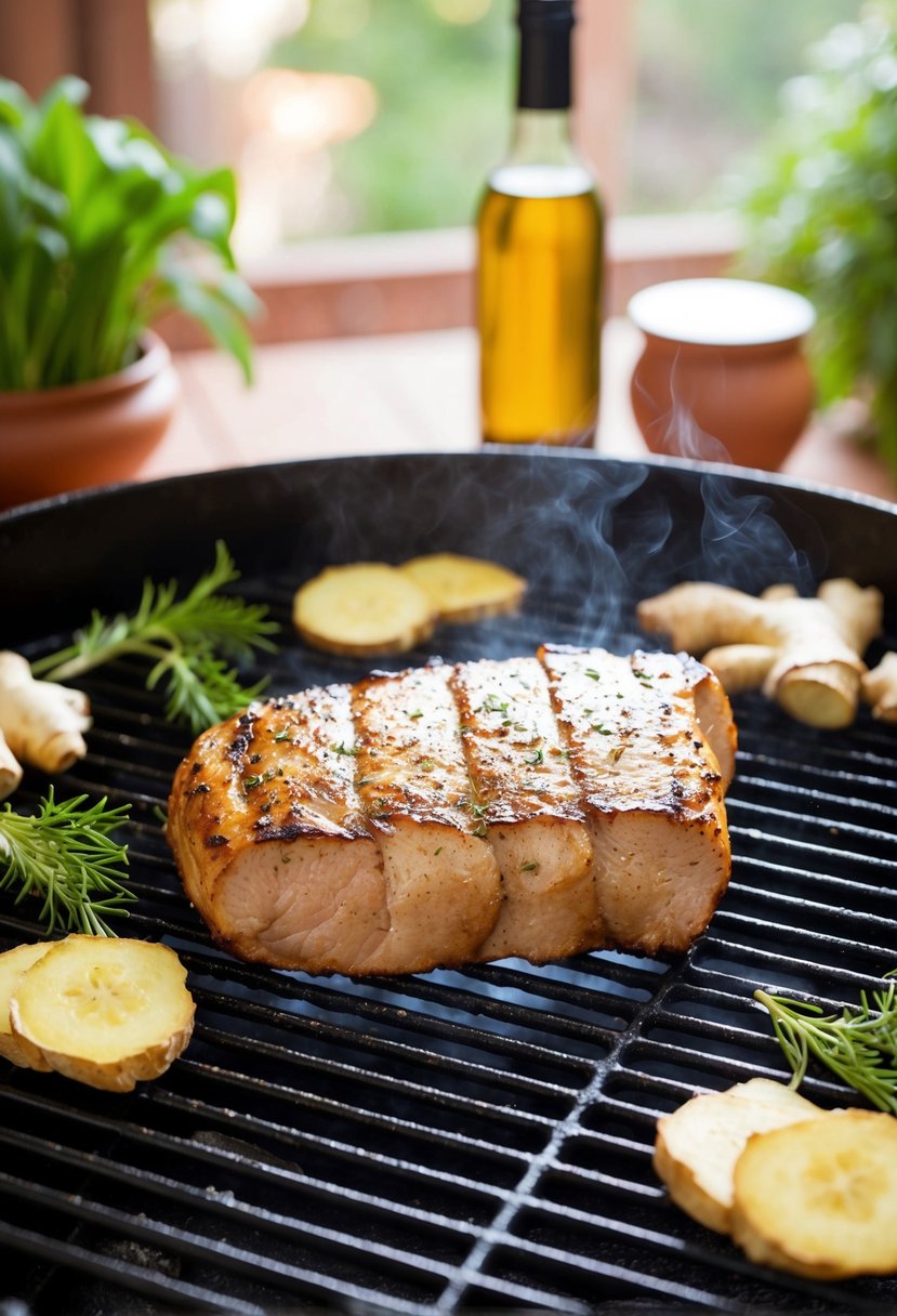 A sizzling pork tenderloin on a hot grill, surrounded by slices of fresh ginger root and fragrant herbs