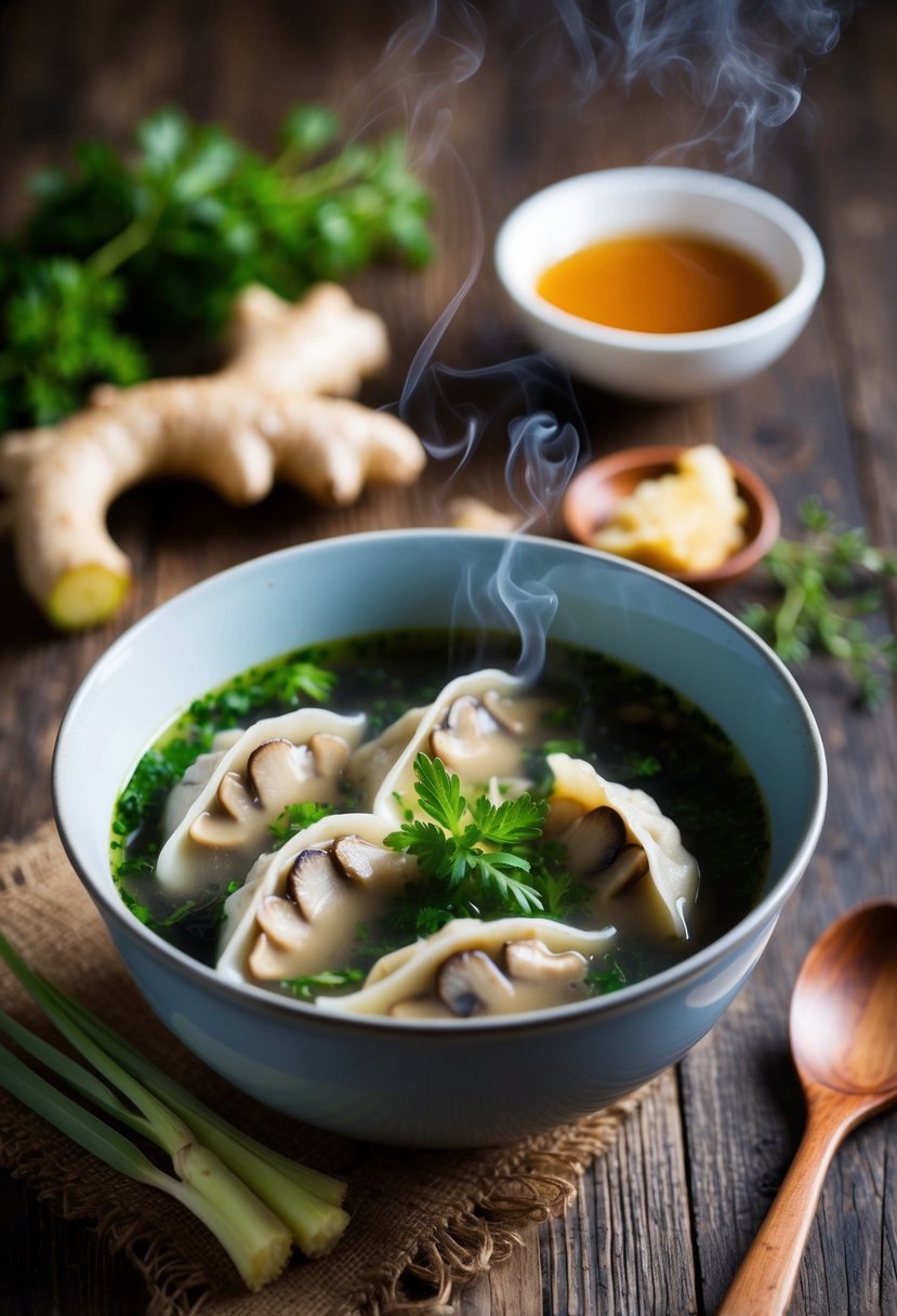 A steaming bowl of mushroom dumplings in ginger broth, with fresh ginger root and aromatic herbs on a rustic wooden table