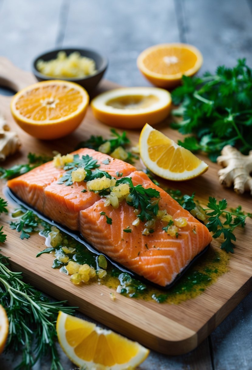 Salmon fillet marinating in citrus and ginger, surrounded by fresh herbs and sliced fruit on a wooden cutting board