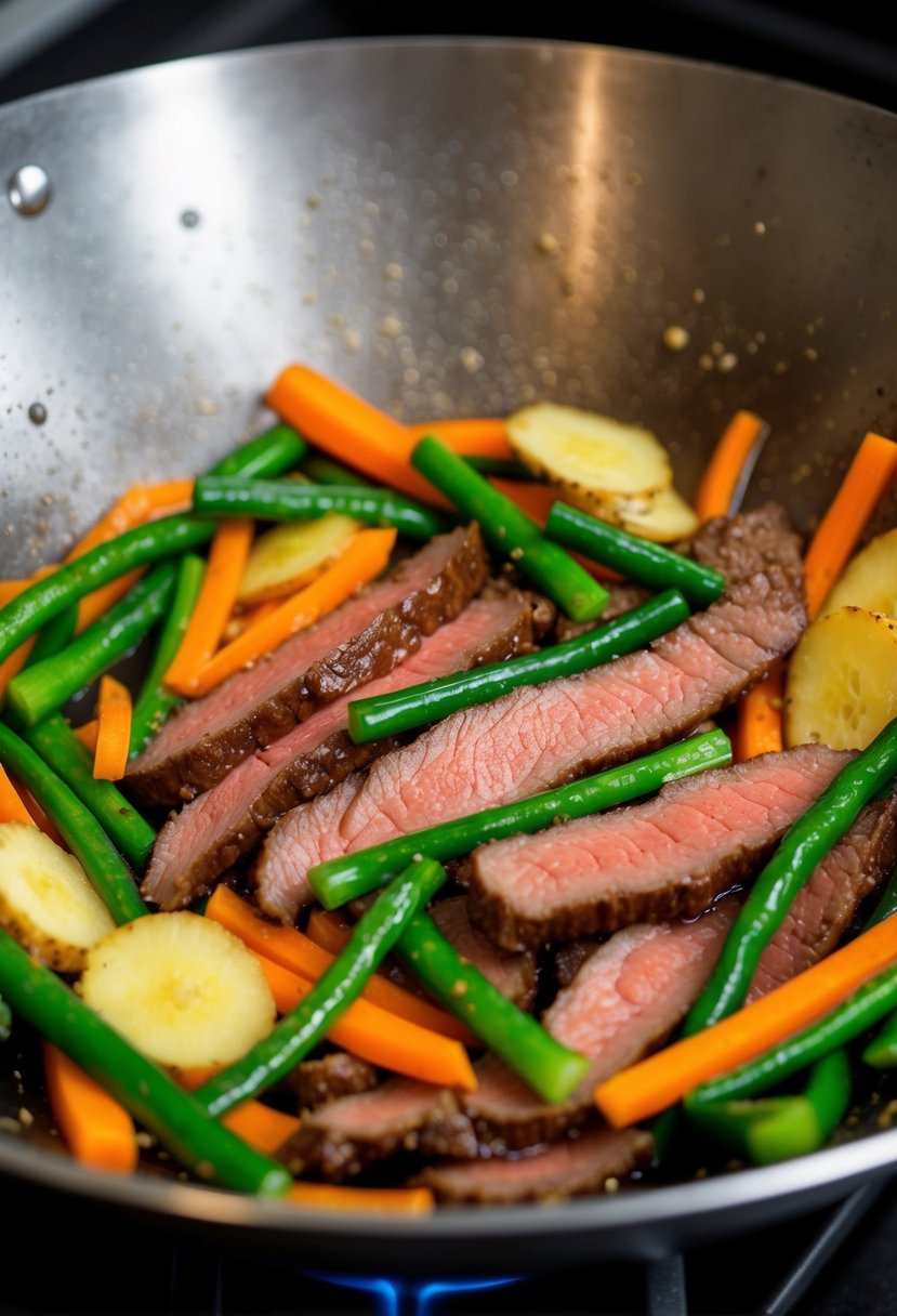 Sizzling beef strips, ginger slices, and vibrant vegetables stir-frying in a hot wok