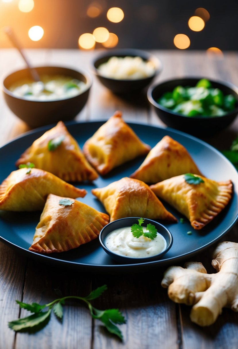 A table set with chicken samosas and fresh ginger root