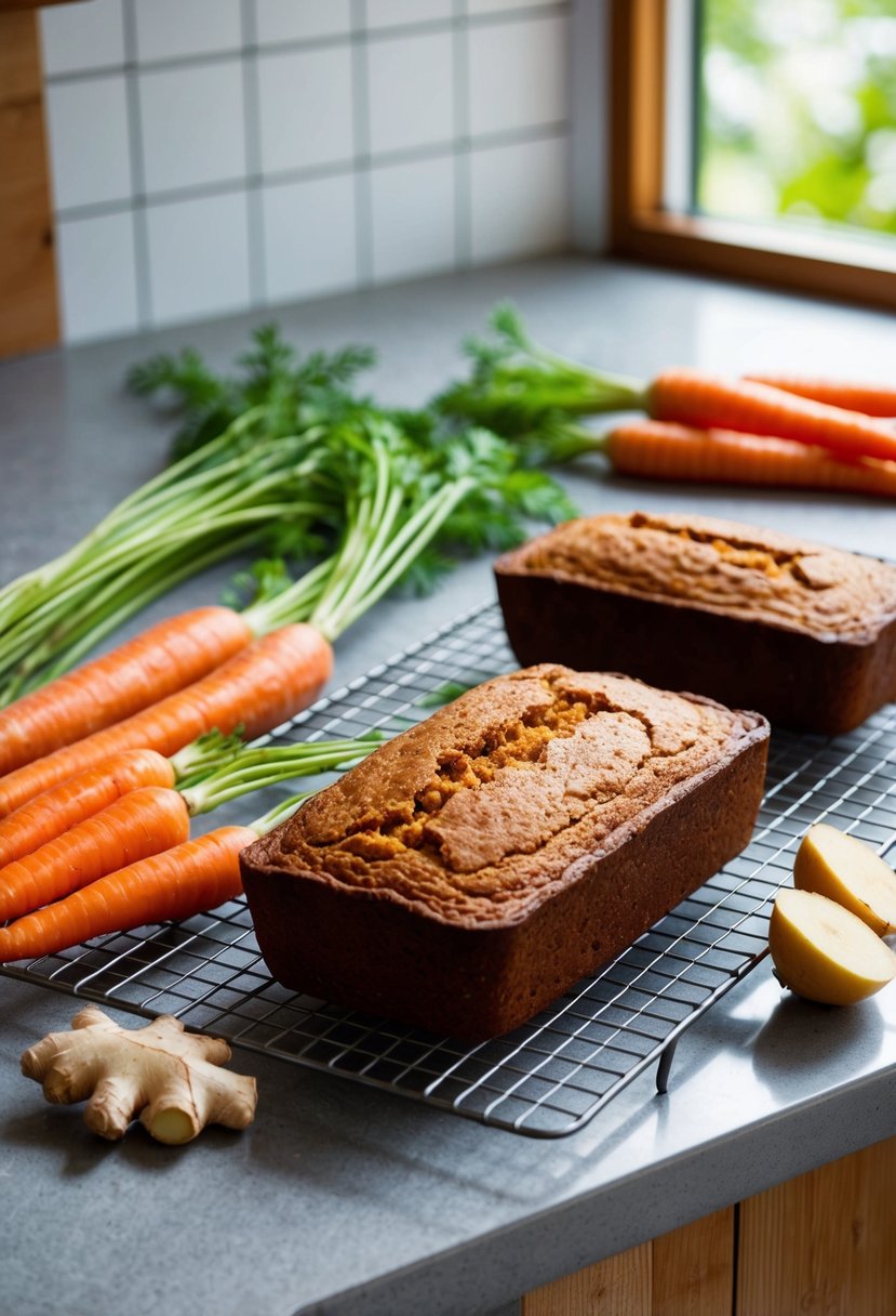 A kitchen counter with fresh carrots, ginger root, and a loaf of zesty carrot and ginger bread cooling on a wire rack