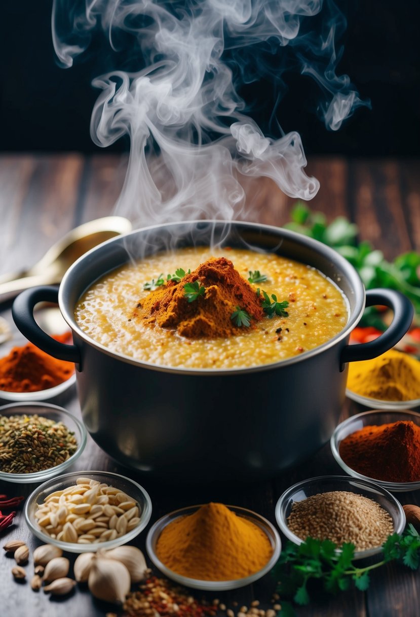 A steaming pot of Indian porridge surrounded by colorful spices and ingredients