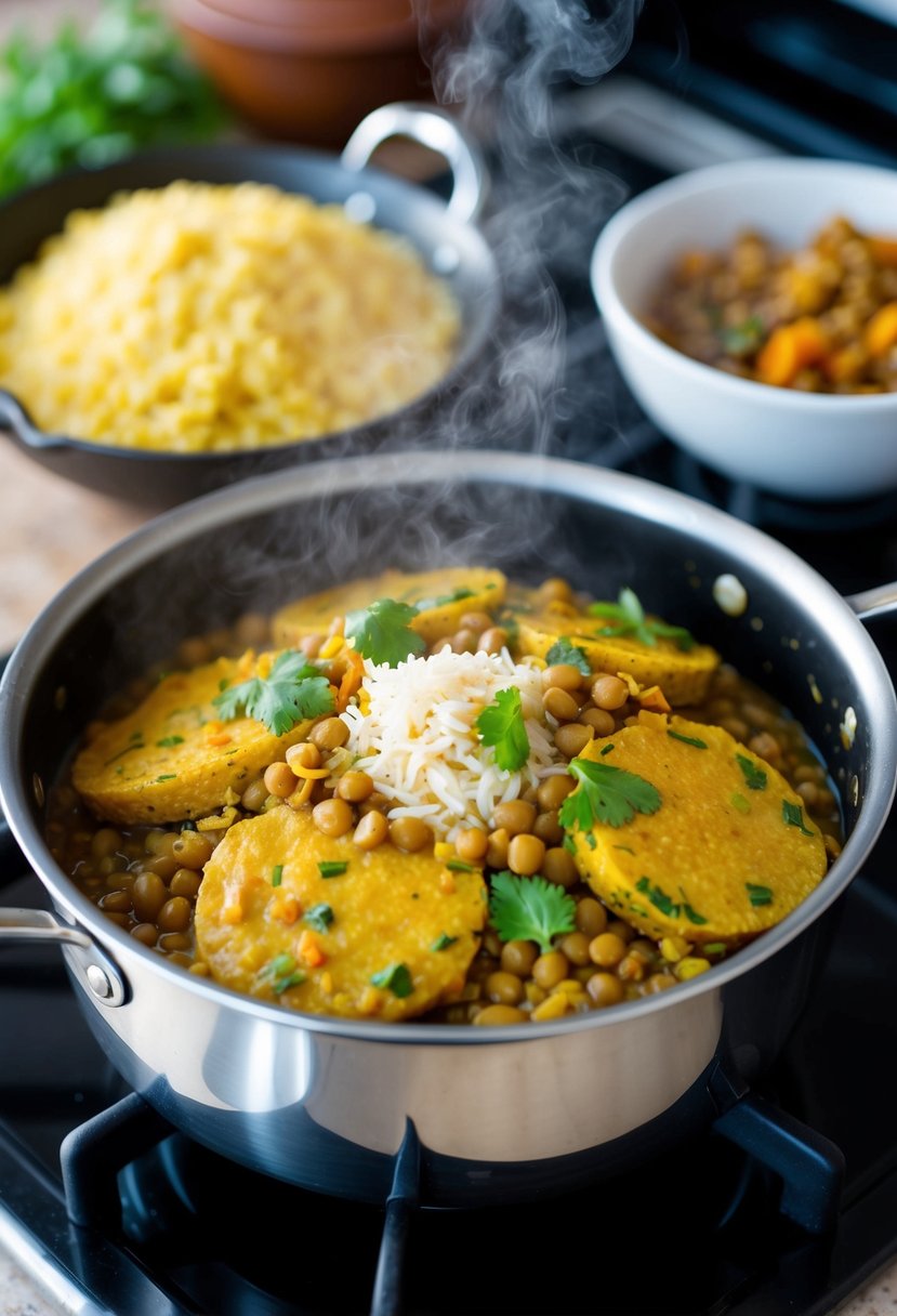 A steaming pot of kitcheri simmers on a stovetop, filled with lentils, rice, and aromatic Indian spices