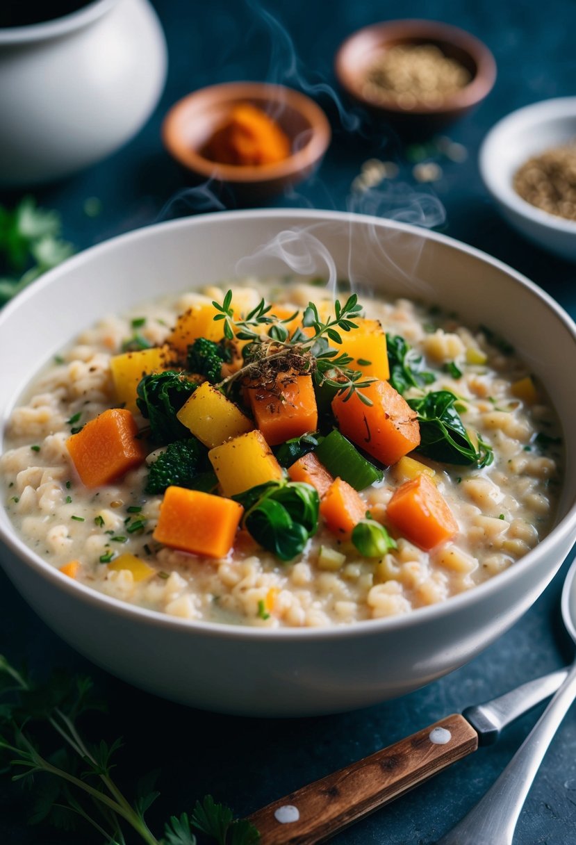 A steaming bowl of savory oatmeal with mixed vegetables, garnished with fragrant spices and herbs