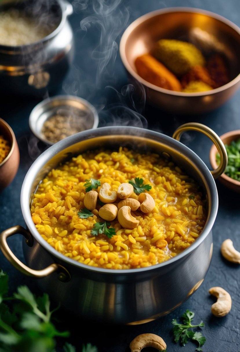 A steaming pot of Rava Upma with golden cashews, surrounded by aromatic spices and ingredients