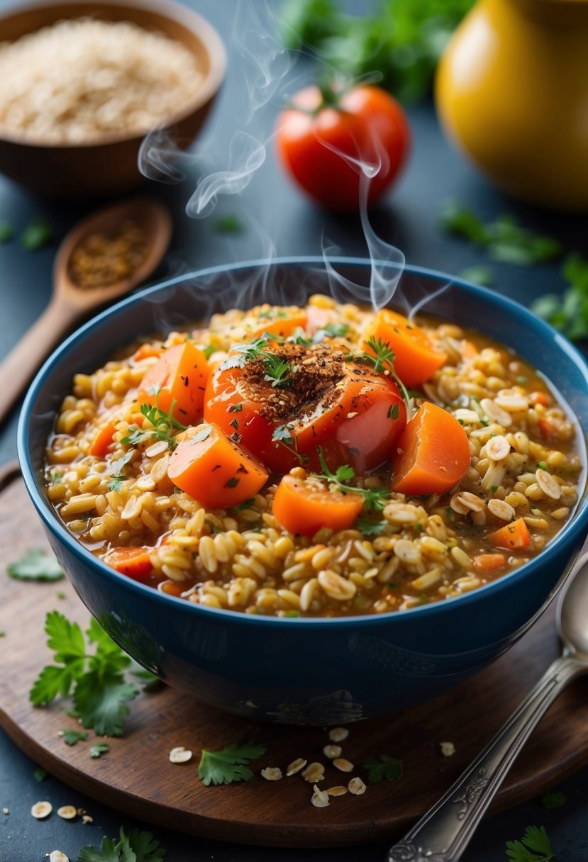 A steaming bowl of masala oats with tomatoes and carrots, garnished with fresh herbs and spices