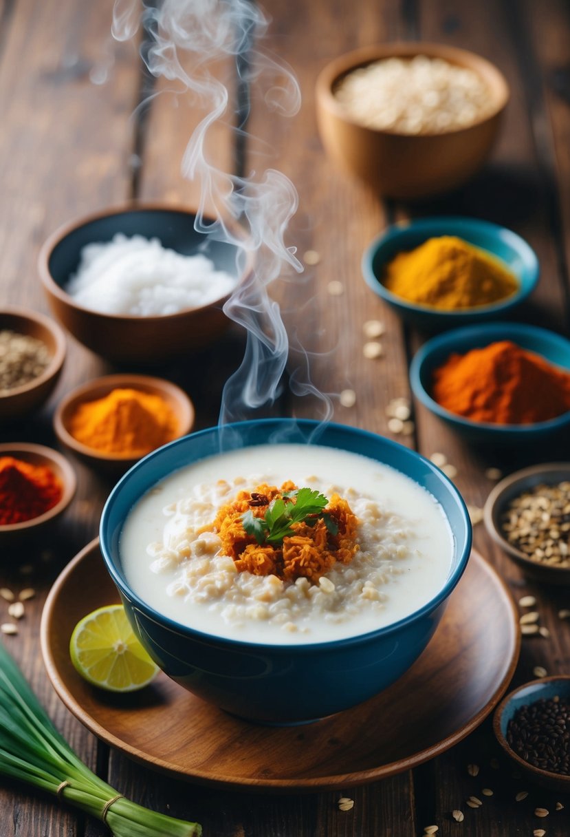 A steaming bowl of Oats Kanji with Coconut Milk sits on a wooden table, surrounded by colorful spices and fresh ingredients