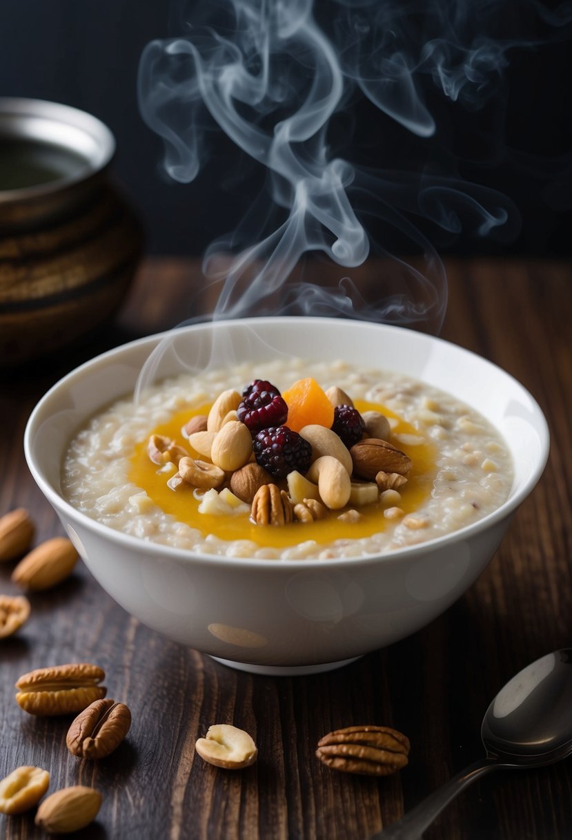 A steaming bowl of sweet Daliya porridge topped with an assortment of nuts and dried fruits