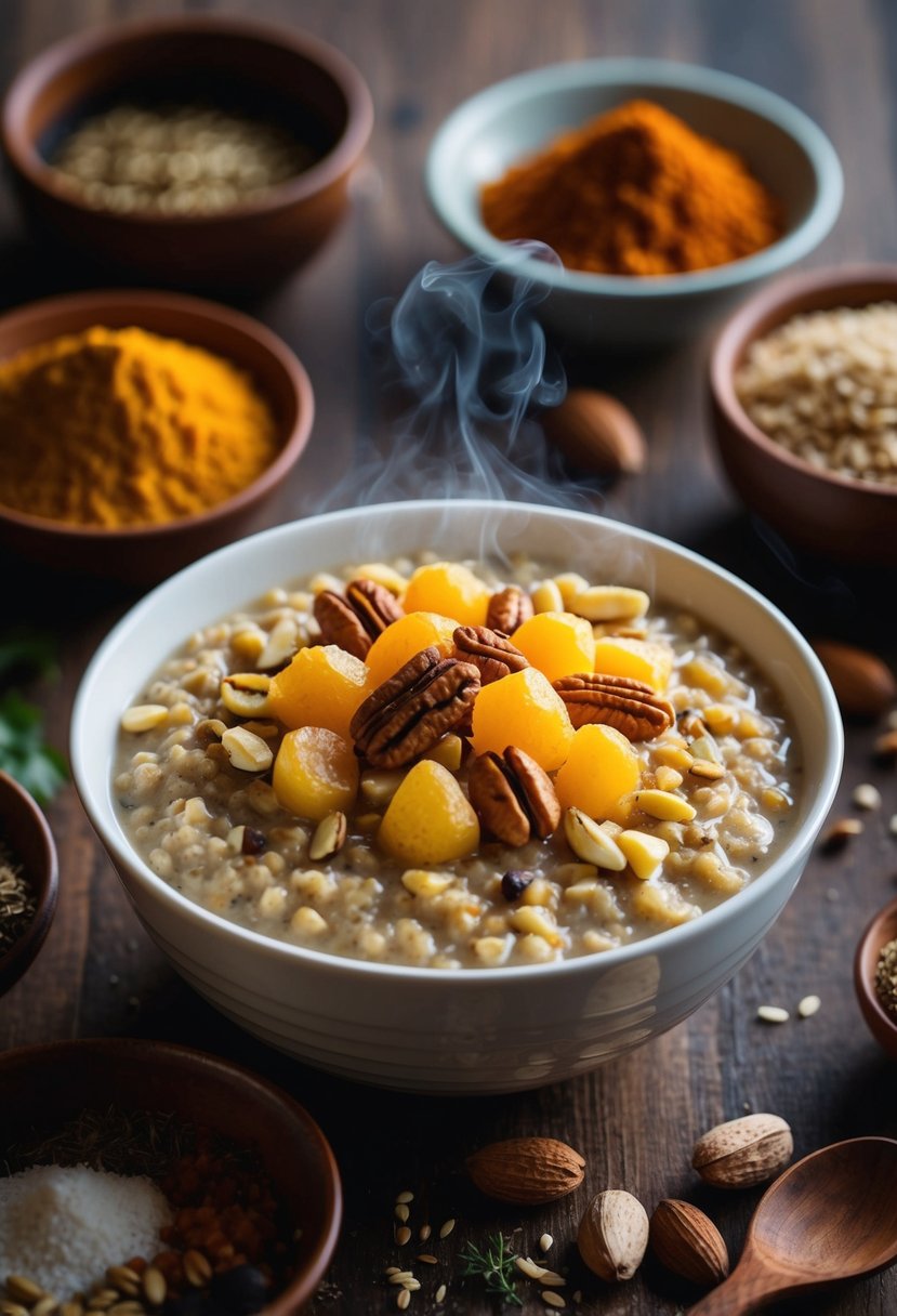 A steaming bowl of jaggery-sweetened oatmeal topped with nuts and fruits, surrounded by traditional Indian spices and ingredients