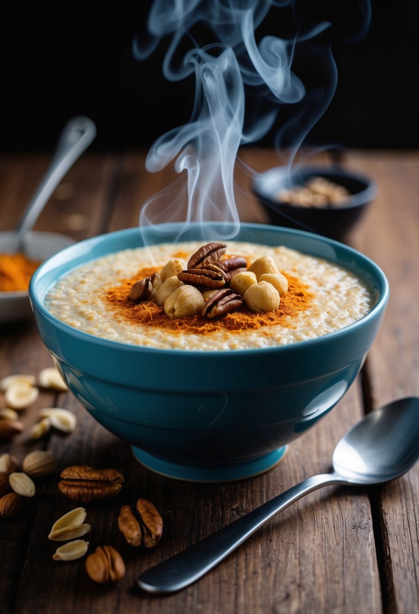 A steaming bowl of nutty semolina porridge topped with spices and nuts