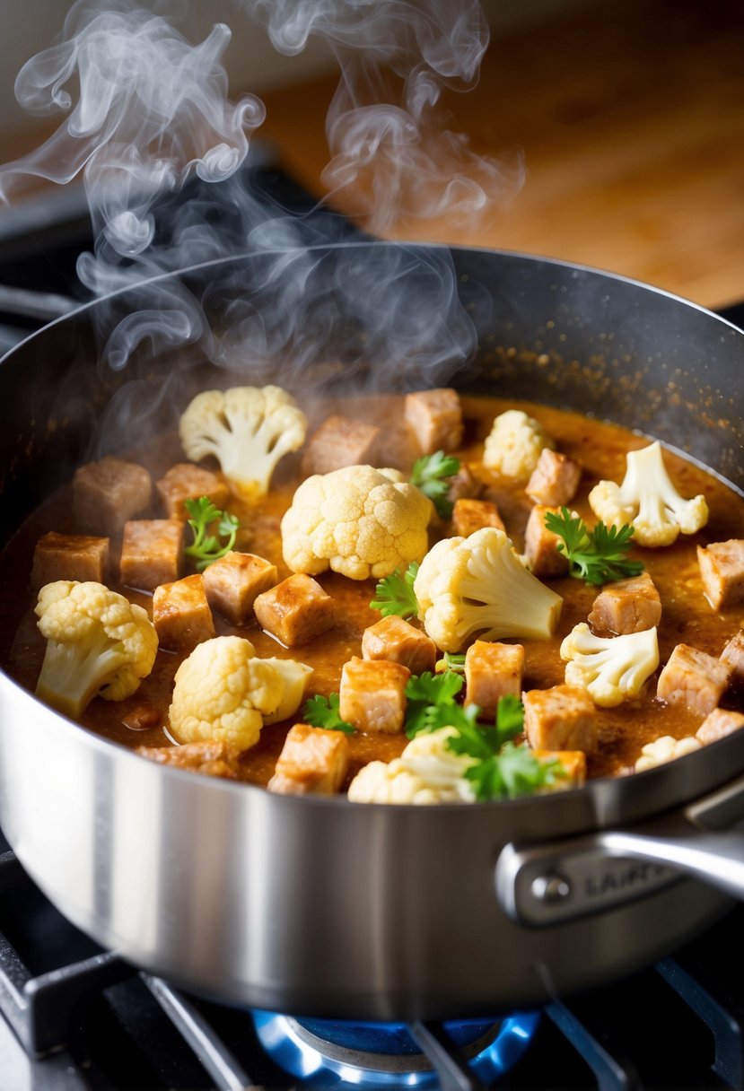 A sizzling pan with diced pork and cauliflower cooking in a fragrant sauce, steam rising and filling the kitchen with savory aromas