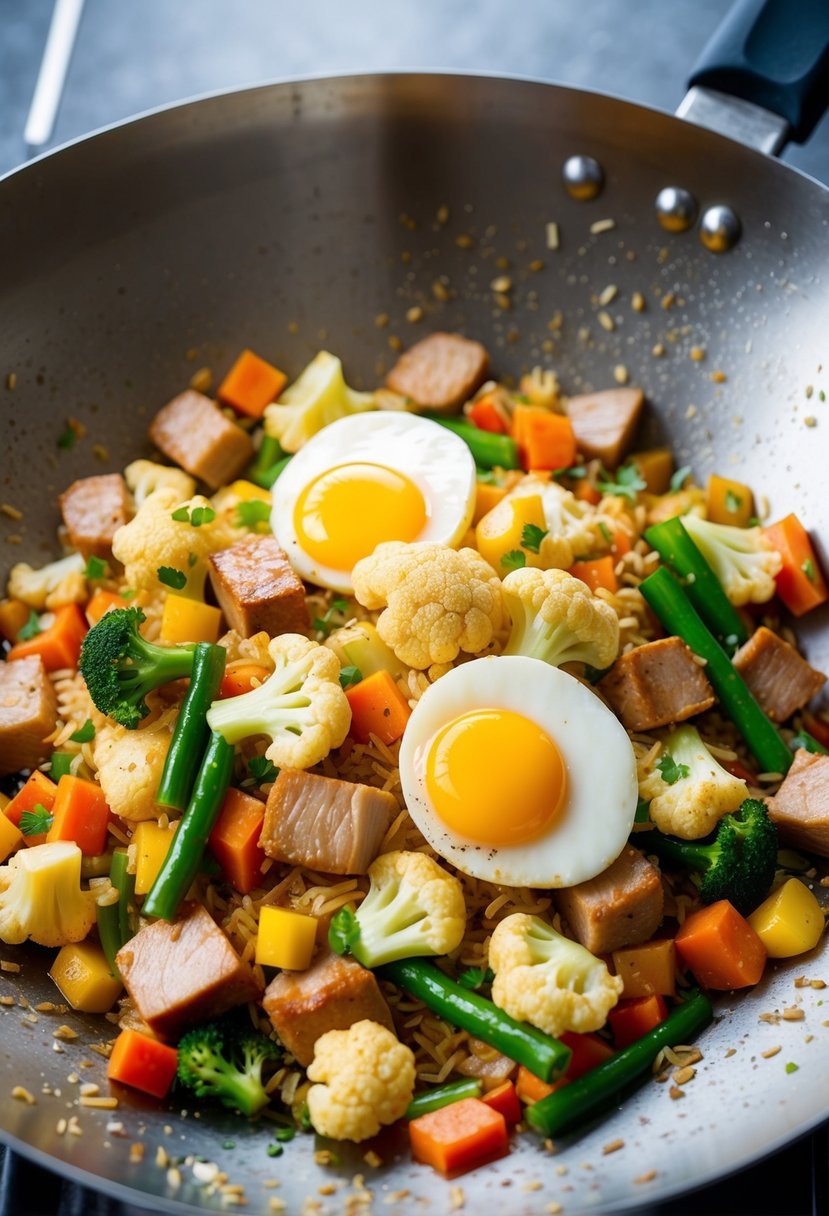 A sizzling wok stir-fries diced pork, cauliflower, and rice with colorful veggies, eggs, and savory seasonings