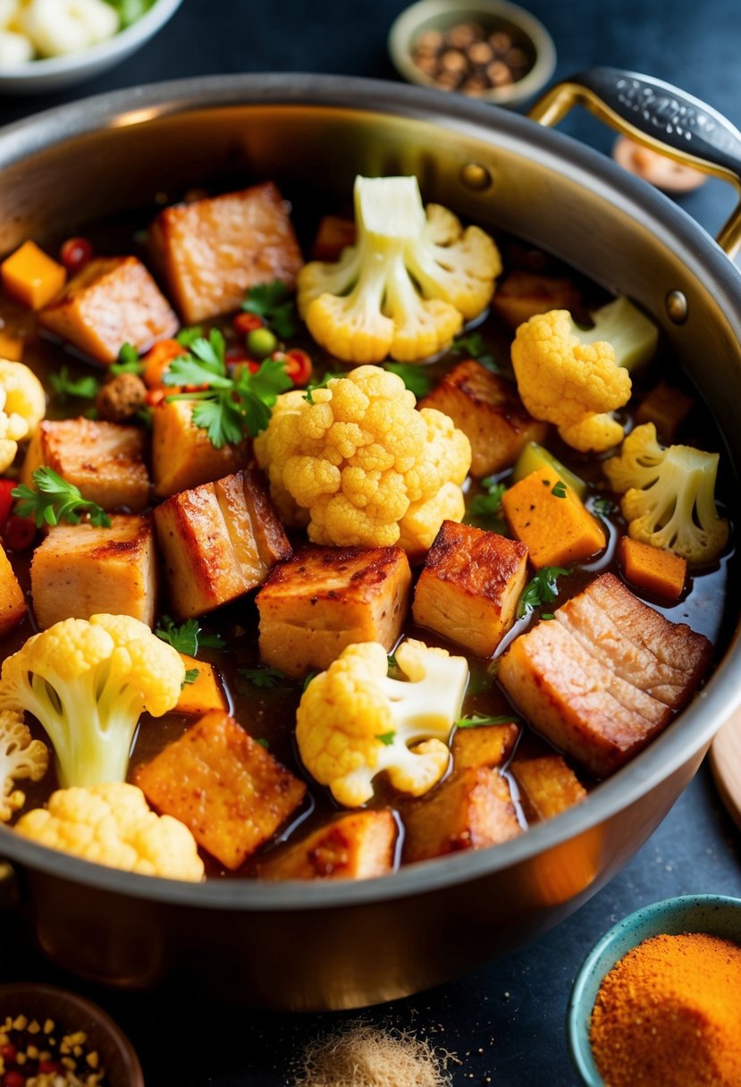 A sizzling hot pot filled with chunks of tender pork belly and crisp cauliflower, surrounded by an array of colorful spices and seasonings