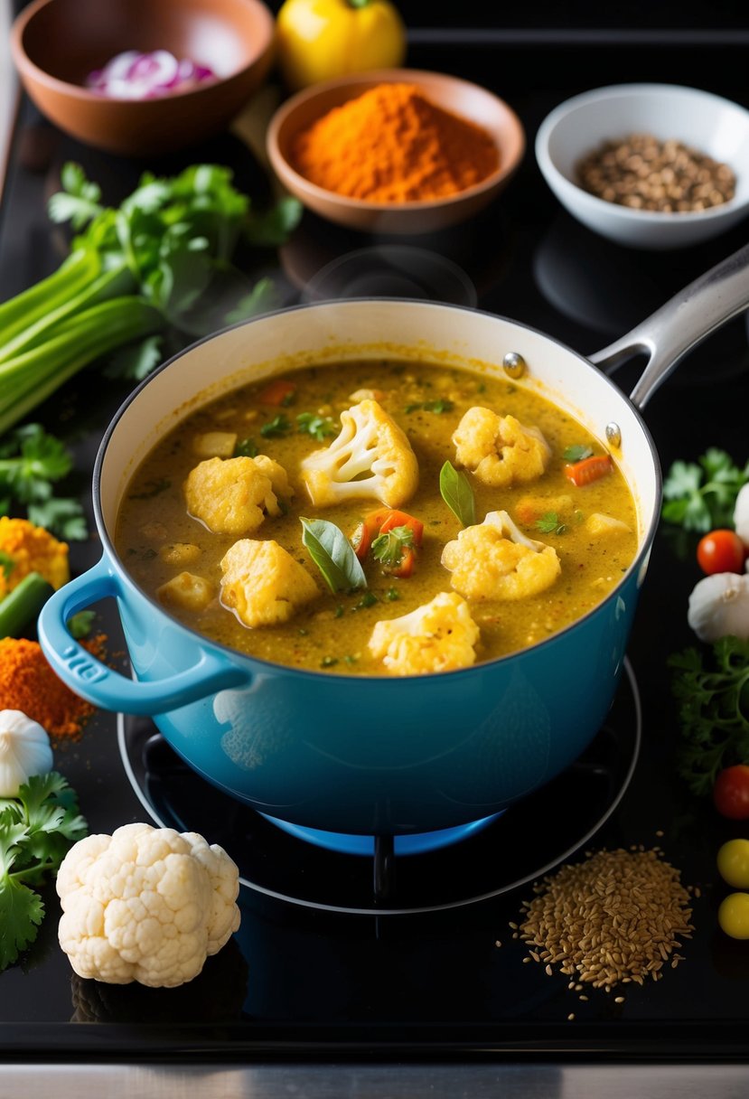 A bubbling pot of pork and cauliflower curry simmers on a stovetop, surrounded by a colorful array of spices and fresh vegetables