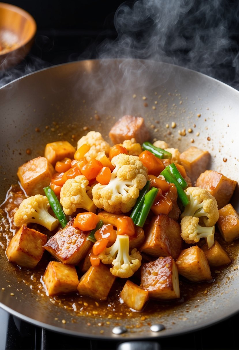 A sizzling wok filled with chunks of tender pork, crispy cauliflower, and a tangy sweet and sour sauce bubbling and steaming