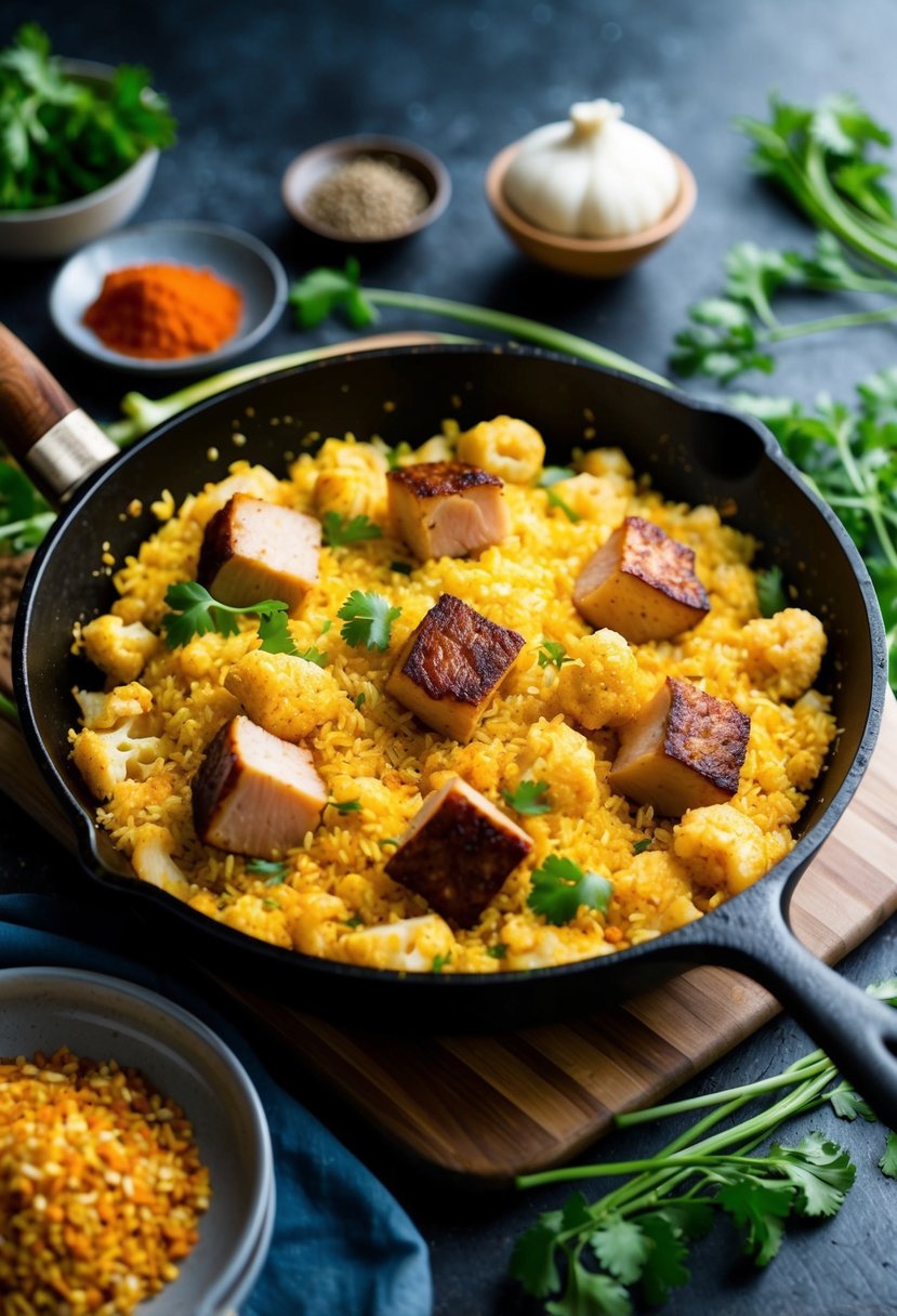 A sizzling skillet holds spicy cauliflower "rice" with chunks of savory pork, surrounded by fresh ingredients and aromatic spices