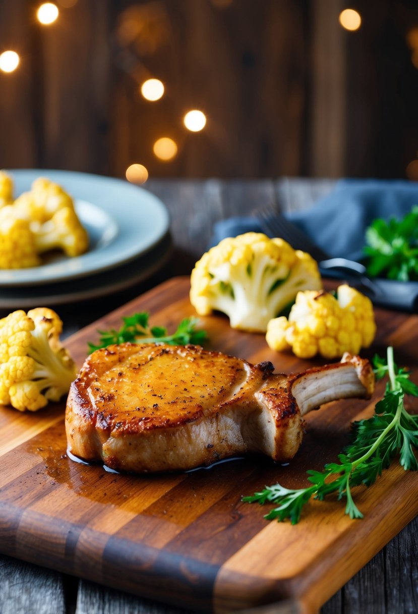 A sizzling pork chop and golden roasted cauliflower on a rustic wooden cutting board