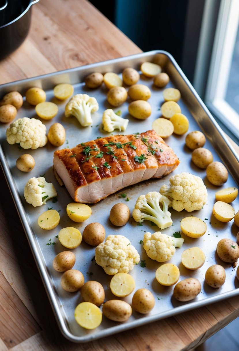 A sheet pan lined with pork, cauliflower, and petite potatoes, ready to be roasted in the oven