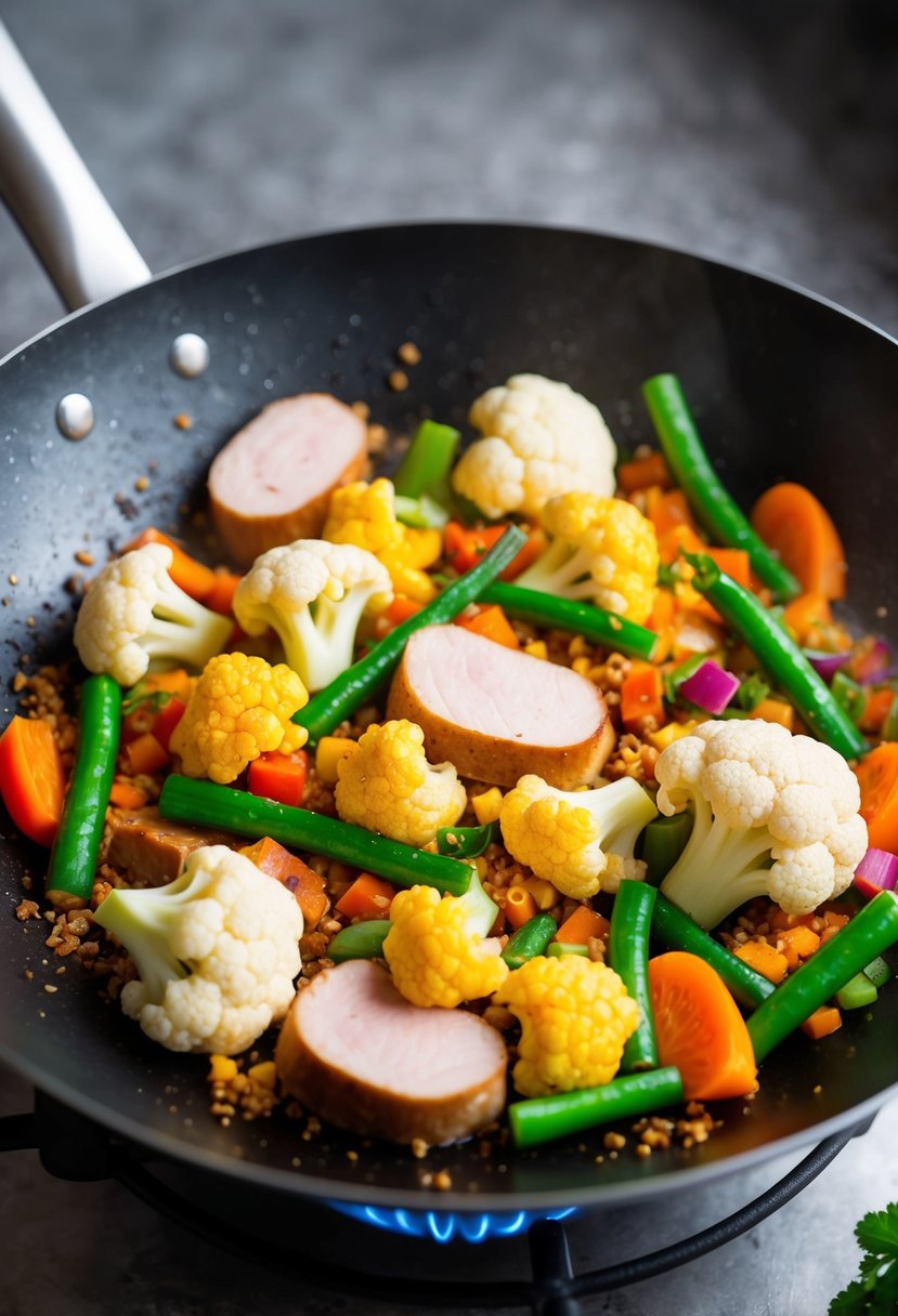 Cauliflower florets and pork slices sizzling in a hot wok with colorful vegetables and aromatic spices