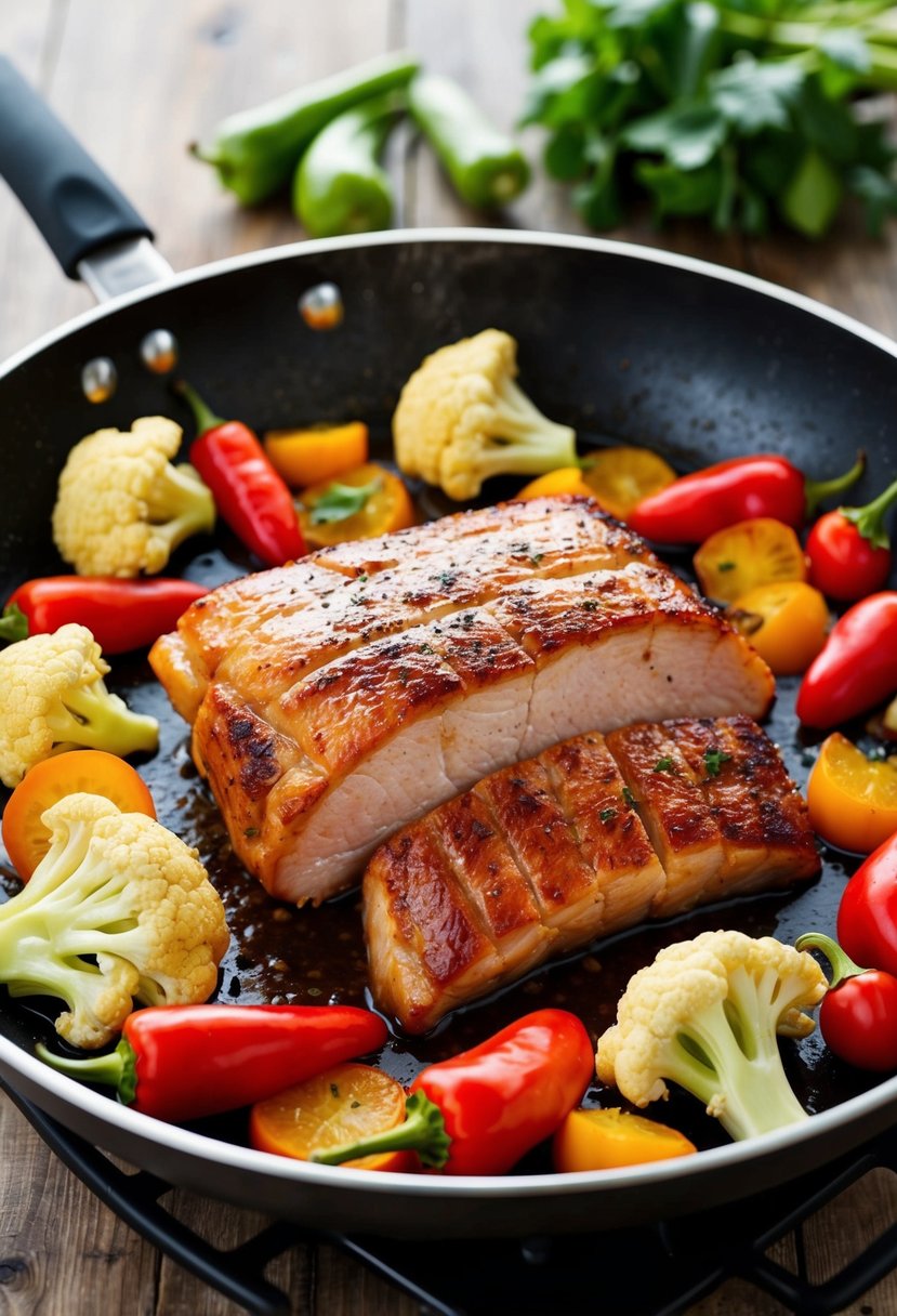 Sizzling pork belly in a hot pan with cauliflower and red peppers