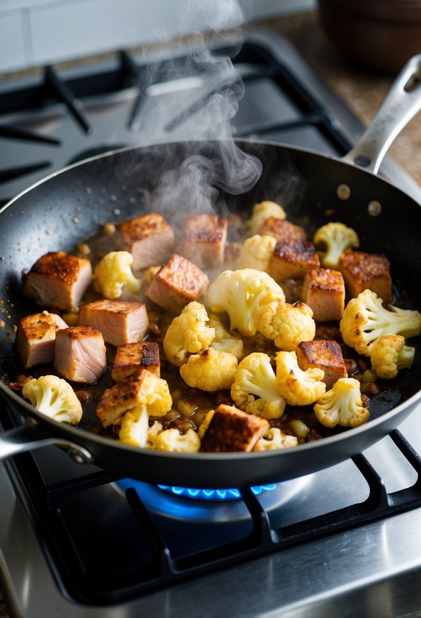 A sizzling skillet with chunks of pork and cauliflower cooking together over a hot stove. Steam rising as the ingredients brown and caramelize