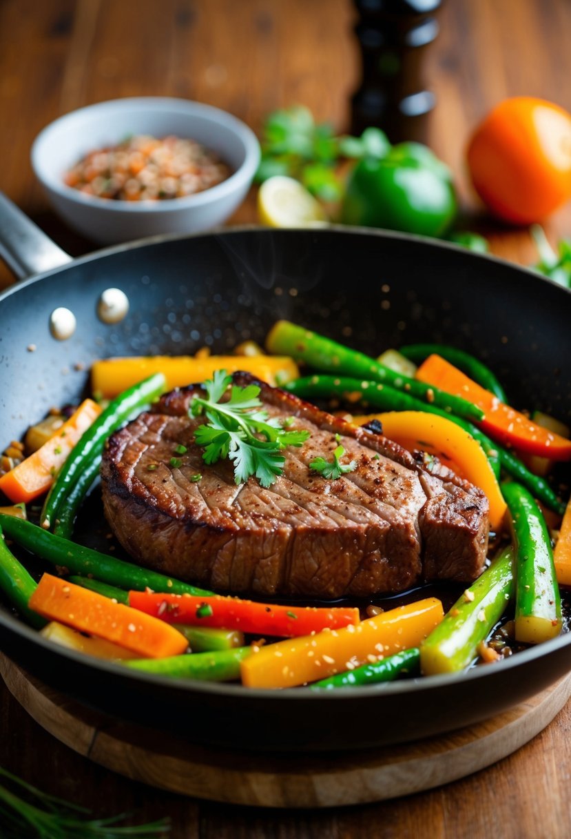 A sizzling striploin steak stir-fry in a hot skillet with colorful vegetables and aromatic seasonings