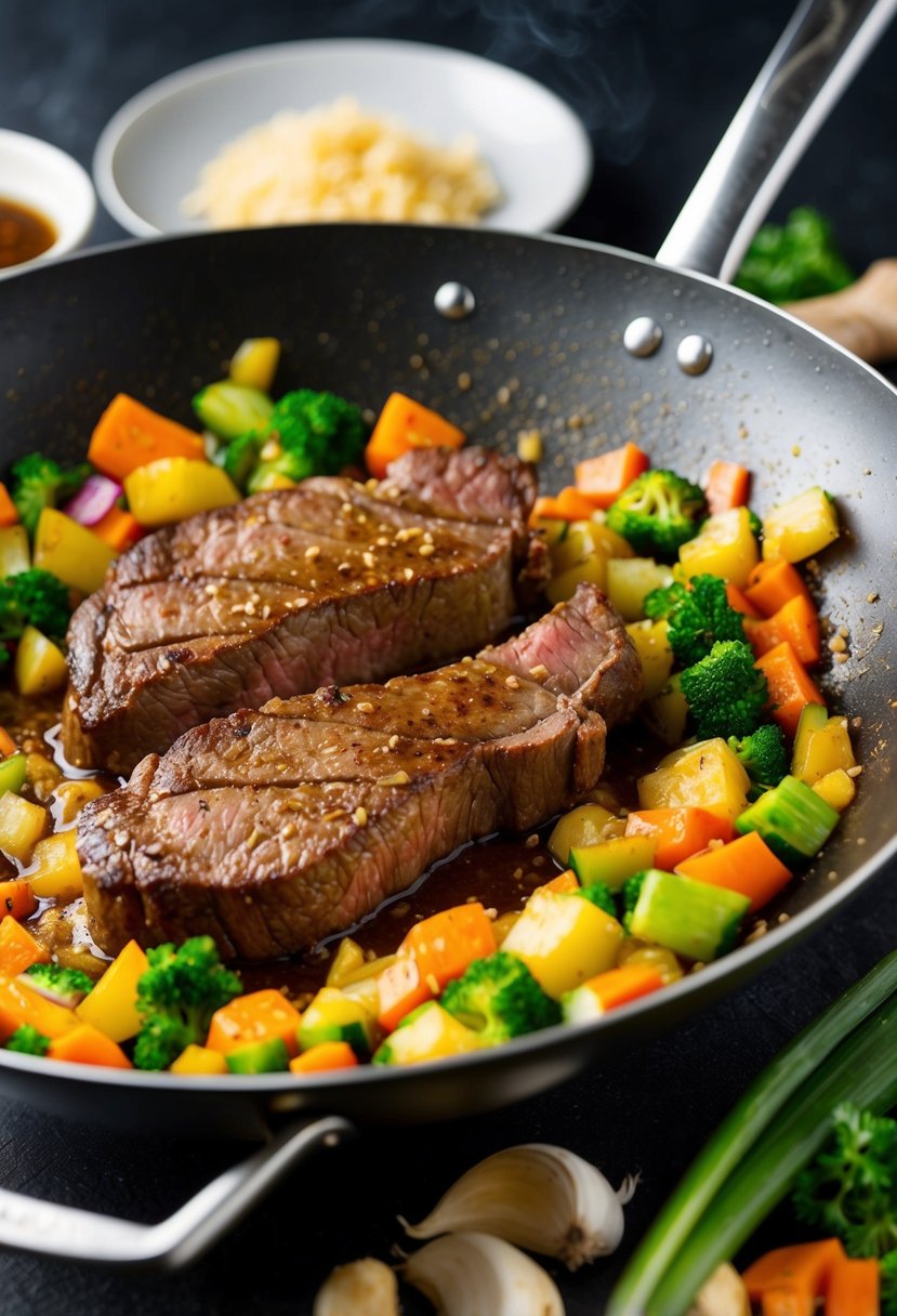 A sizzling striploin steak stir-fry in a wok with garlic and ginger, surrounded by colorful chopped vegetables and a savory sauce