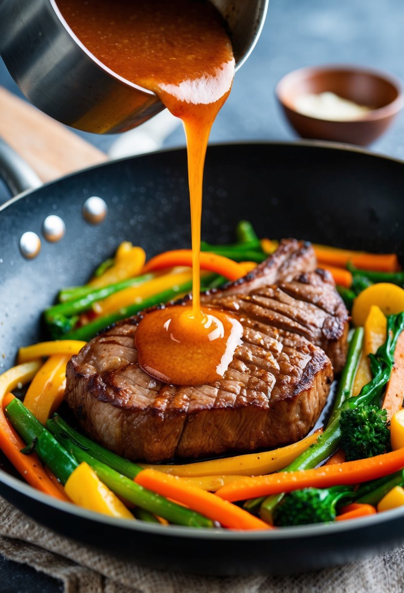 A sizzling striploin steak sizzling in a hot pan with colorful stir-fried vegetables and a spicy, sweet glaze being drizzled over the top