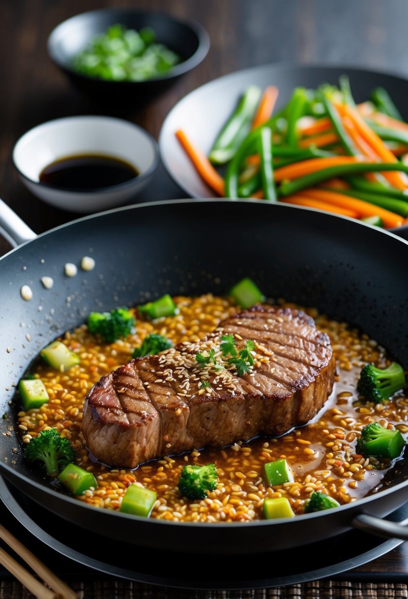 A sizzling striploin steak sizzling in a sesame-soy marinade, surrounded by stir-fry vegetables and a wok