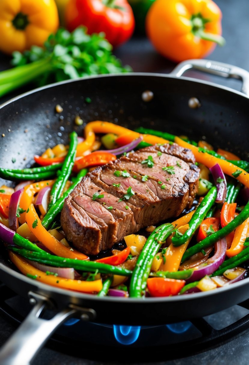 A sizzling striploin steak stir-fry with vibrant rainbow-colored veggies cooking in a hot skillet