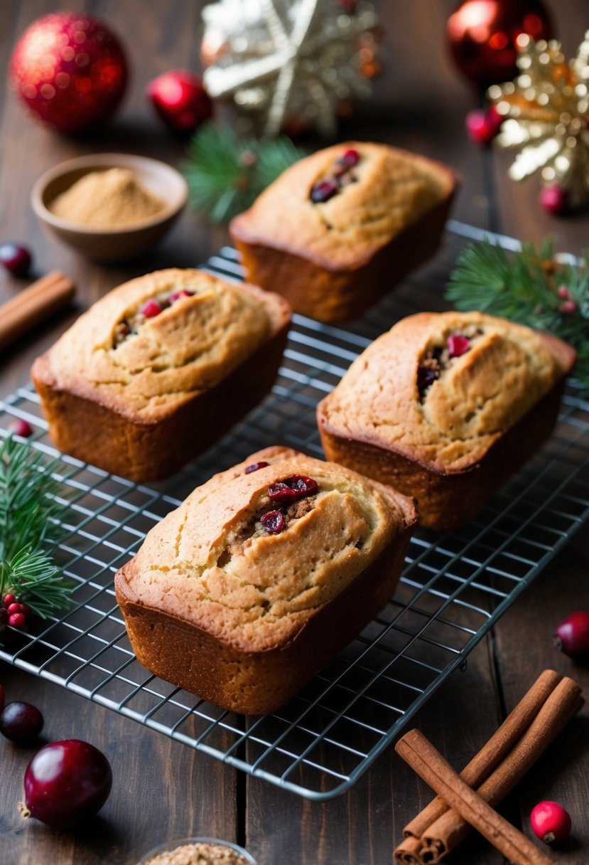 Mini bread loaves cooling on a wire rack, surrounded by festive holiday decorations and ingredients like cranberries, cinnamon, and nutmeg