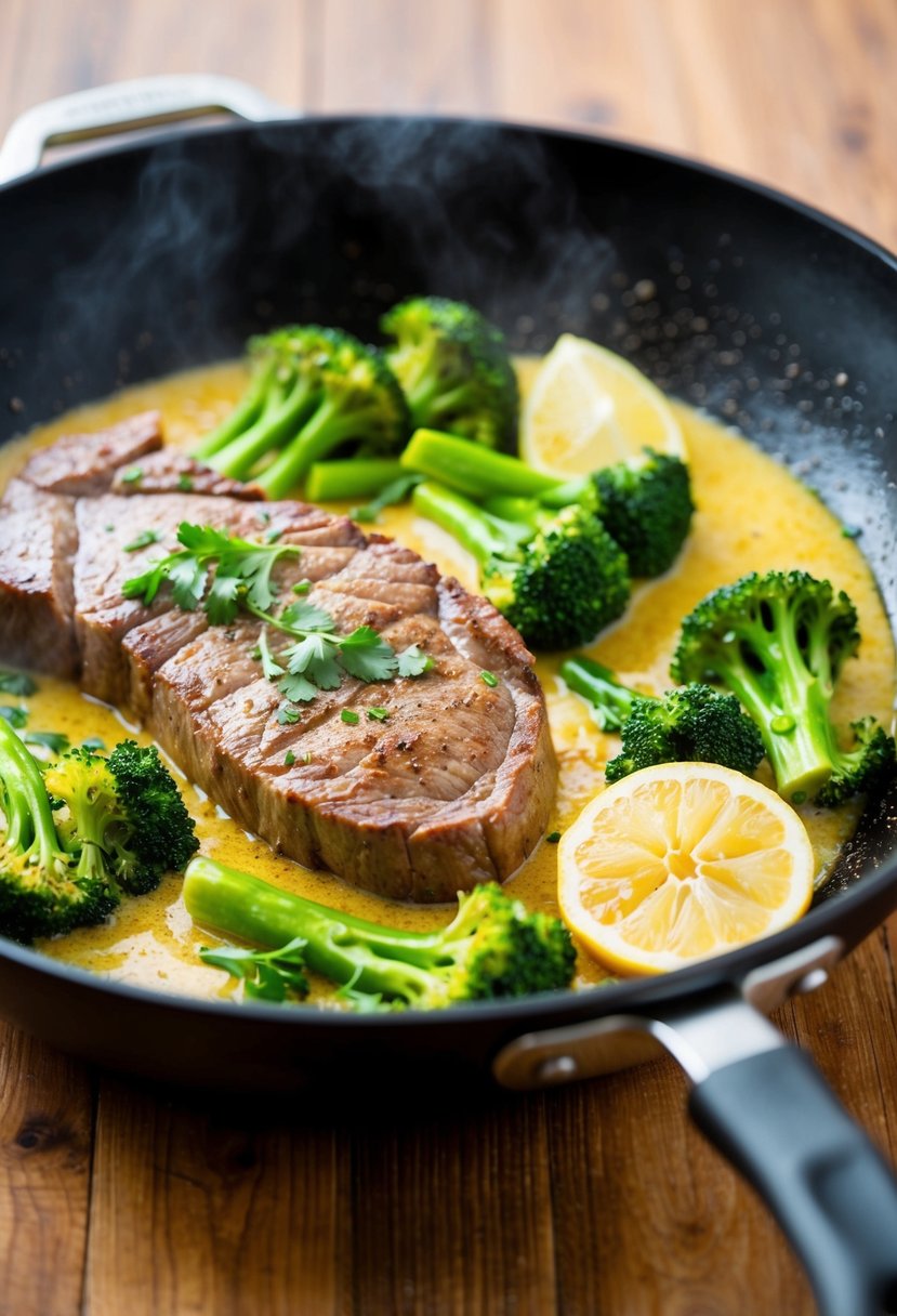 A sizzling striploin steak and broccoli stir-fry in a zesty lemon sauce, cooking in a hot, sizzling skillet