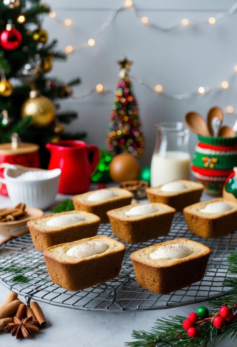 A festive kitchen scene with eggnog mini loaves cooling on a wire rack, surrounded by holiday decorations and ingredients