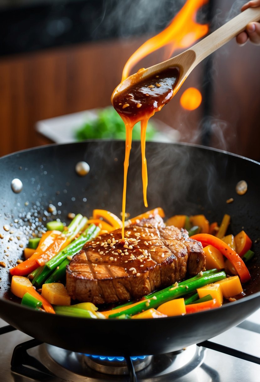 A sizzling teriyaki striploin steak stir-fry in a hot wok with colorful vegetables and a glossy, caramelized sauce