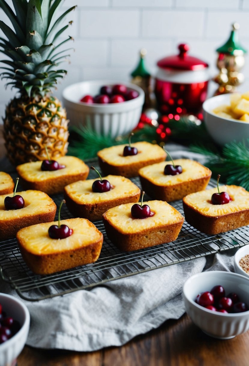 A festive kitchen scene with mini pineapple cherry loaves cooling on a wire rack, surrounded by holiday decorations and ingredients