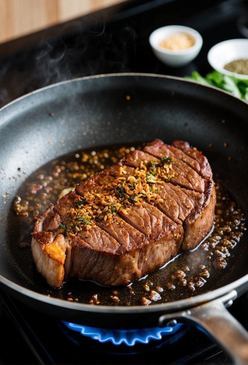 A sizzling striploin steak being stir-fried with crispy edges in a hot pan with Mongolian seasoning