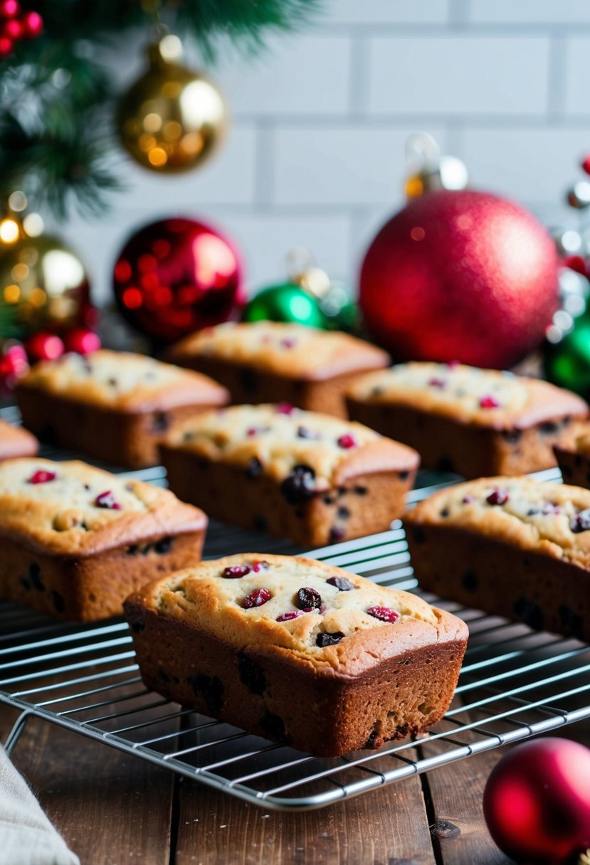 A festive kitchen scene with mini chocolate chip cranberry bread loaves cooling on wire racks, surrounded by holiday decorations