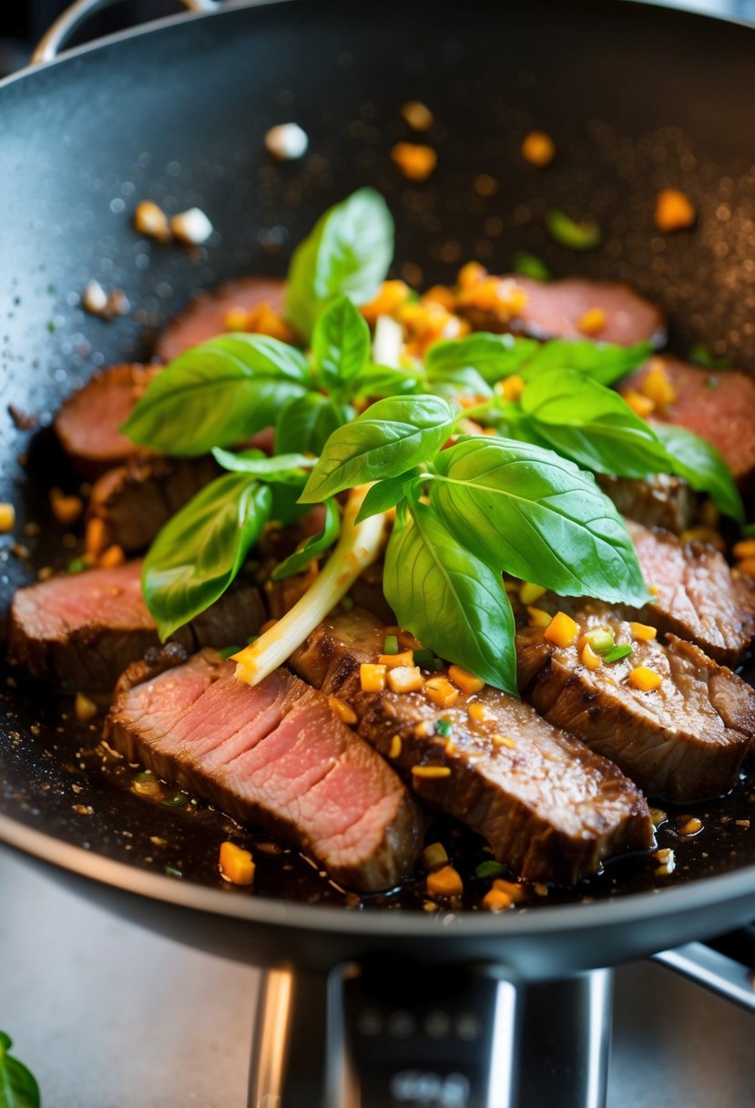 A sizzling striploin steak stir-fry with vibrant Thai basil and spicy aromas in a sizzling wok