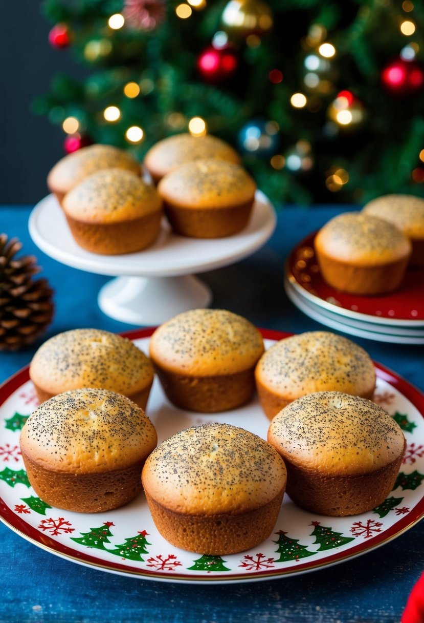 Mini poppy seed bread loaves arranged on a festive Christmas-themed platter