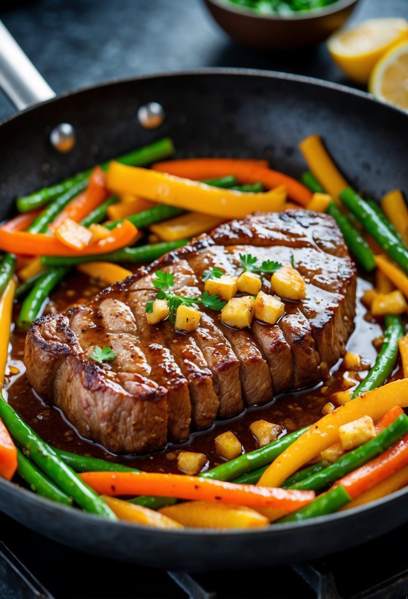 A sizzling striploin steak sizzling in a honey ginger glaze, surrounded by colorful stir-fried vegetables in a hot pan