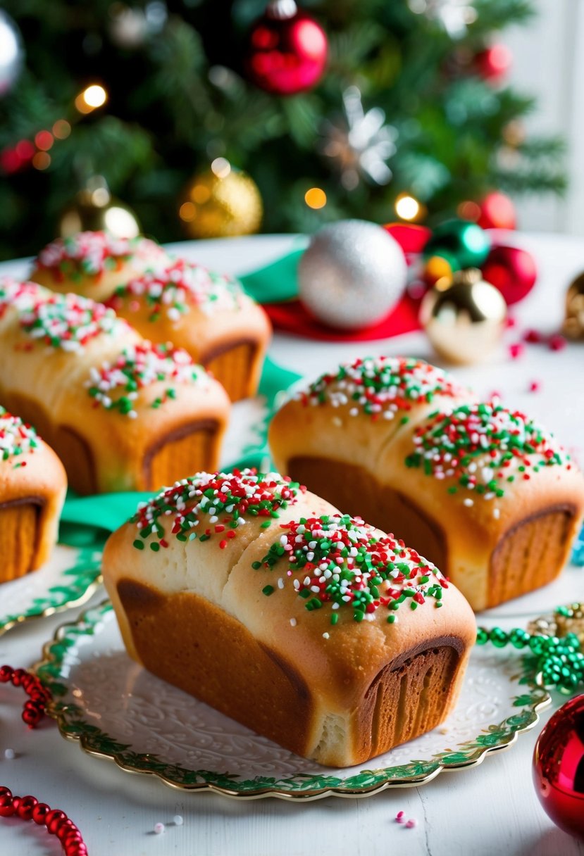 Mini bread loaves decorated with colorful Christmas sprinkles sit on a festive table with holiday decorations