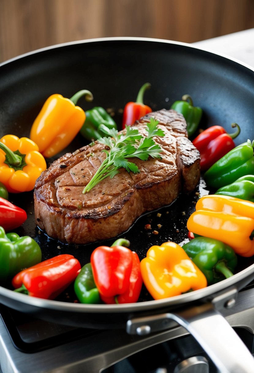 A sizzling striploin steak surrounded by colorful bell peppers in a hot stir fry pan