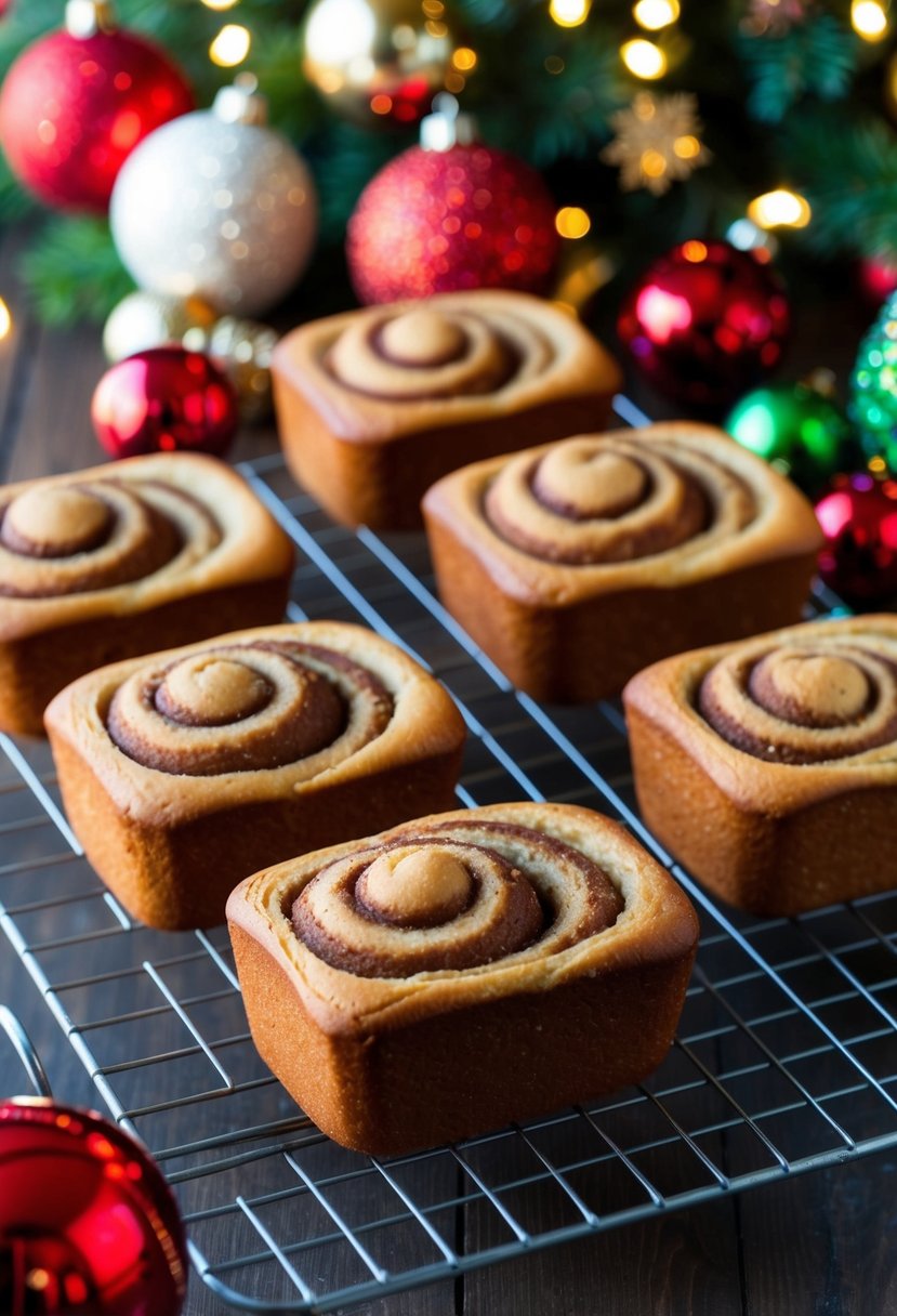 Mini cinnamon swirl bread loaves cooling on a wire rack, surrounded by festive Christmas decorations