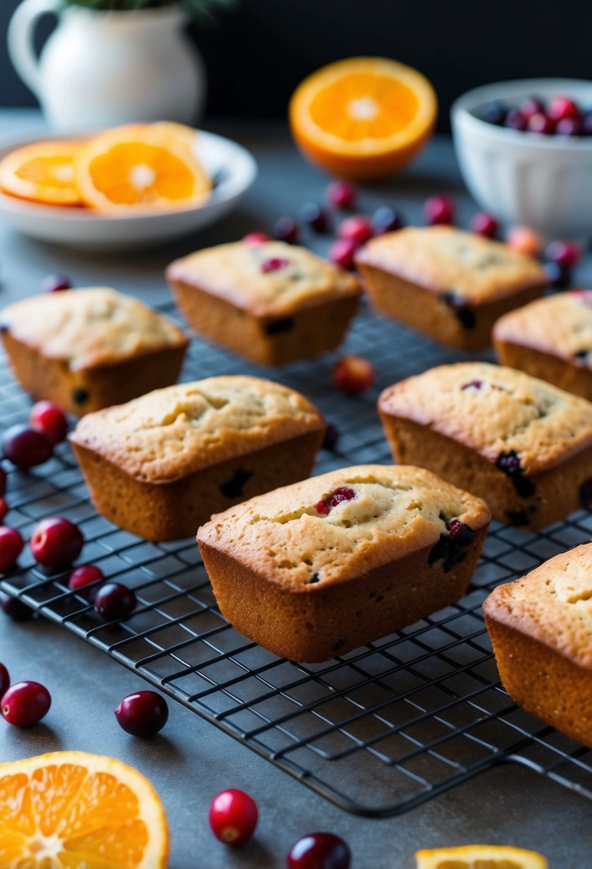 A festive kitchen scene with mini cranberry orange bread loaves cooling on a wire rack, surrounded by scattered cranberries and orange slices