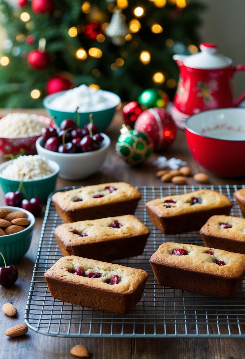 A festive kitchen scene with cherry almond mini loaves cooling on a wire rack, surrounded by holiday decorations and ingredients